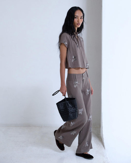 Pantalón Doble Cinturilla Lentejuelas Taupe