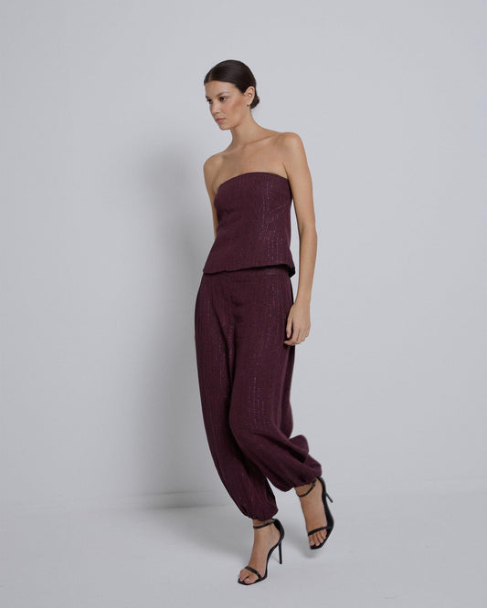 Trousers with Elastic Cuffs and Lurex Stripes in Burgundy