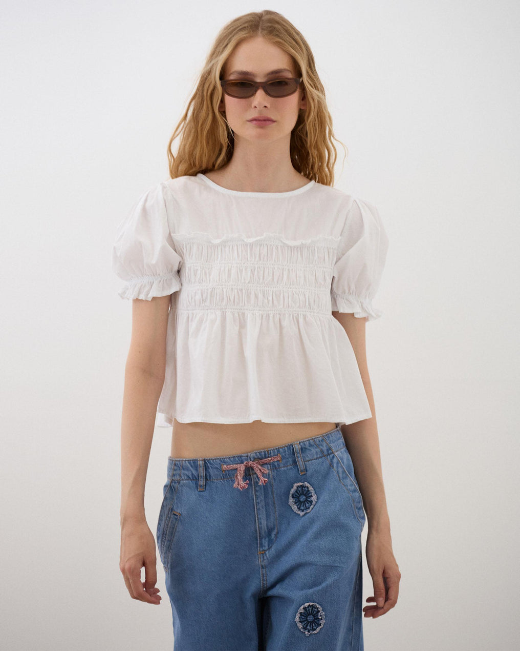 Blusa Manga Abullonada Gomas Blanca