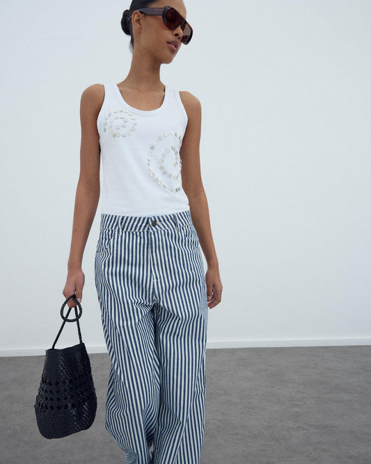 Jeans Balloon Rayas Bicolor Azul Oscuro