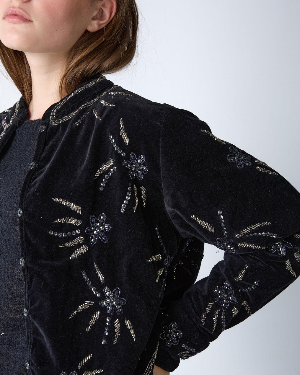 Black Beaded Velvet Bomber