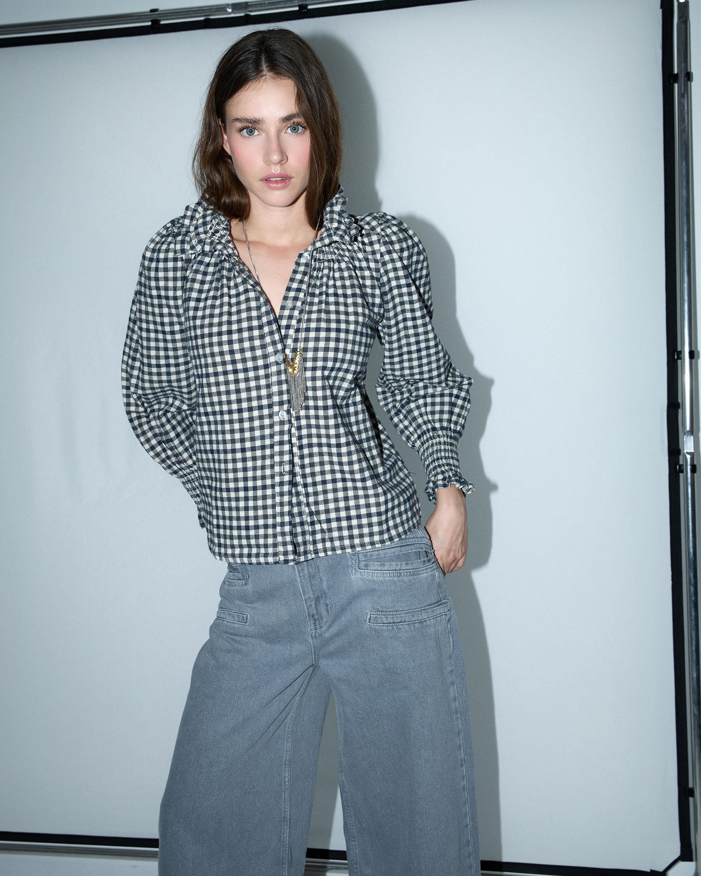 Black Gingham High Neck Blouse