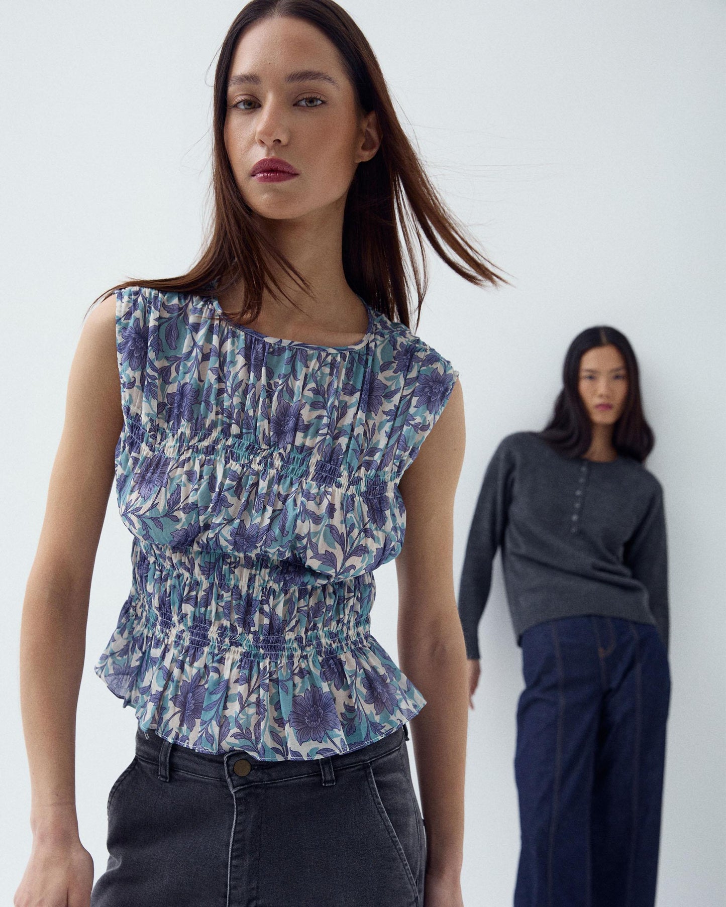 Top Élastiques Imprimé Floral Bleu