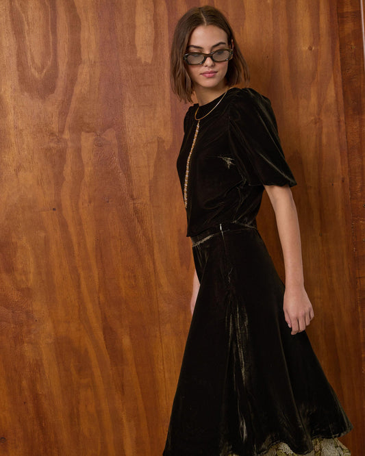 Top Terciopelo Manga Abullonada Verde Oscuro