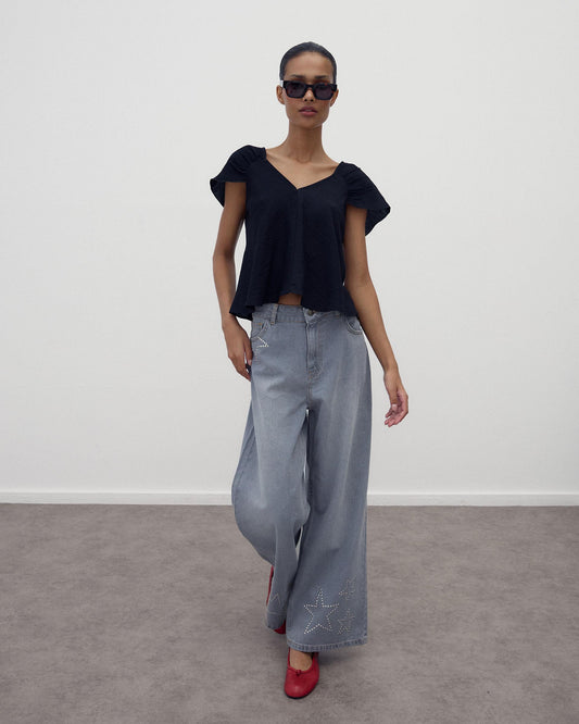 Jeans Tachas Estrelas Cinzento