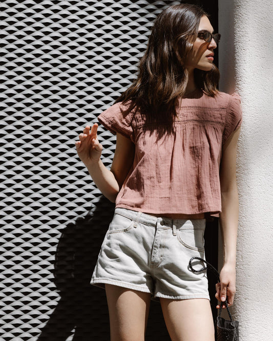 Blusa Manga Corta Puntillas Delantero Rosa Palo