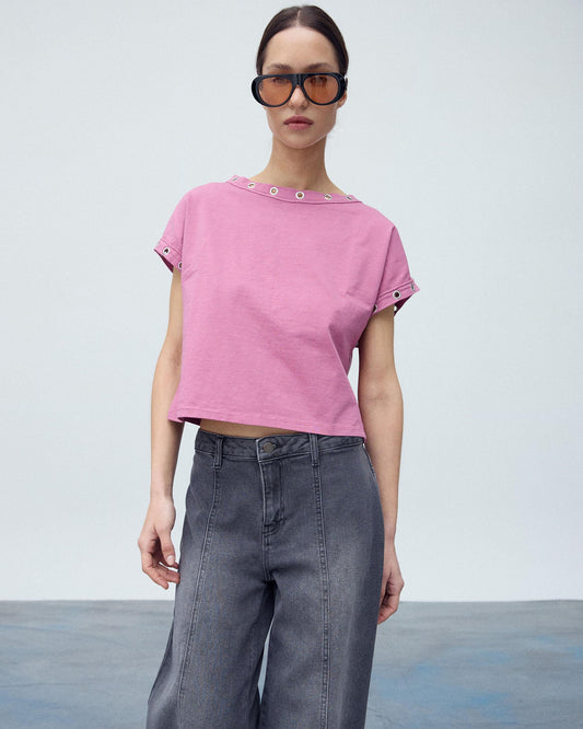 Camiseta Manga Corta Eyelets Rosa