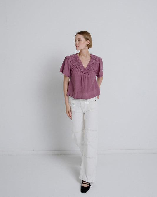 Blusa Cuello V Frunce Rosa