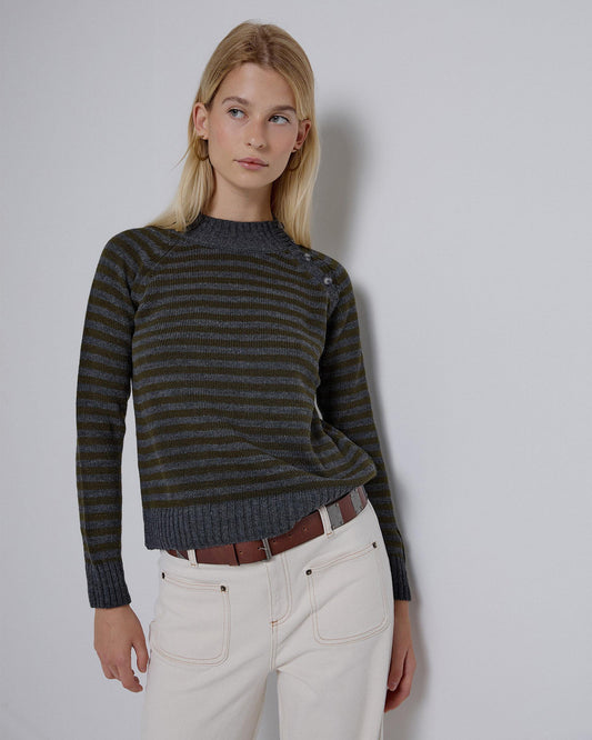 Jersey Manga Ranglán Botones Rayas Verde Oscuro