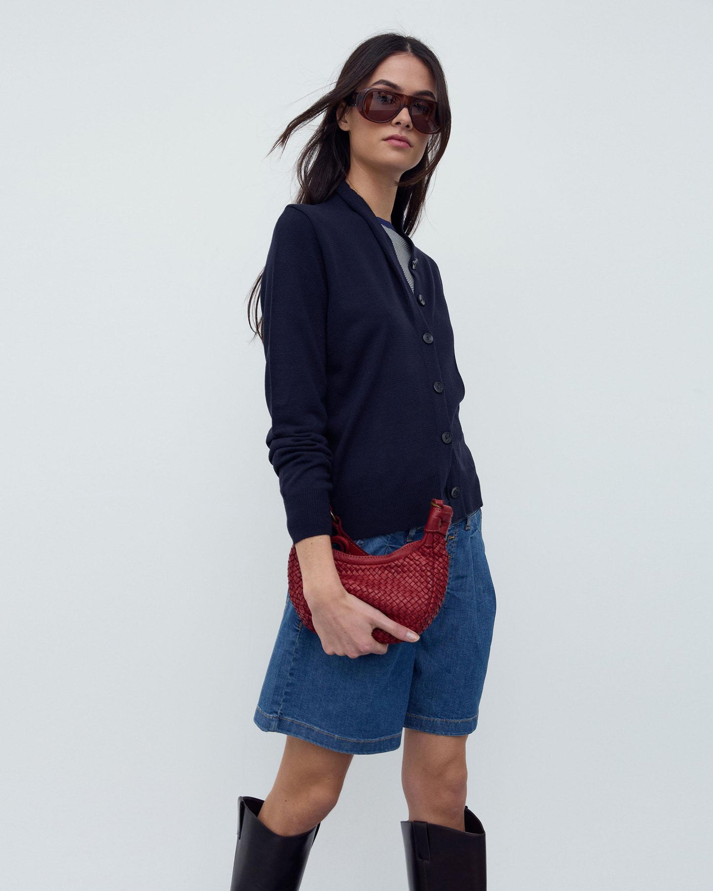 Chaqueta Punto Cuello Subido Pico Azul Marino