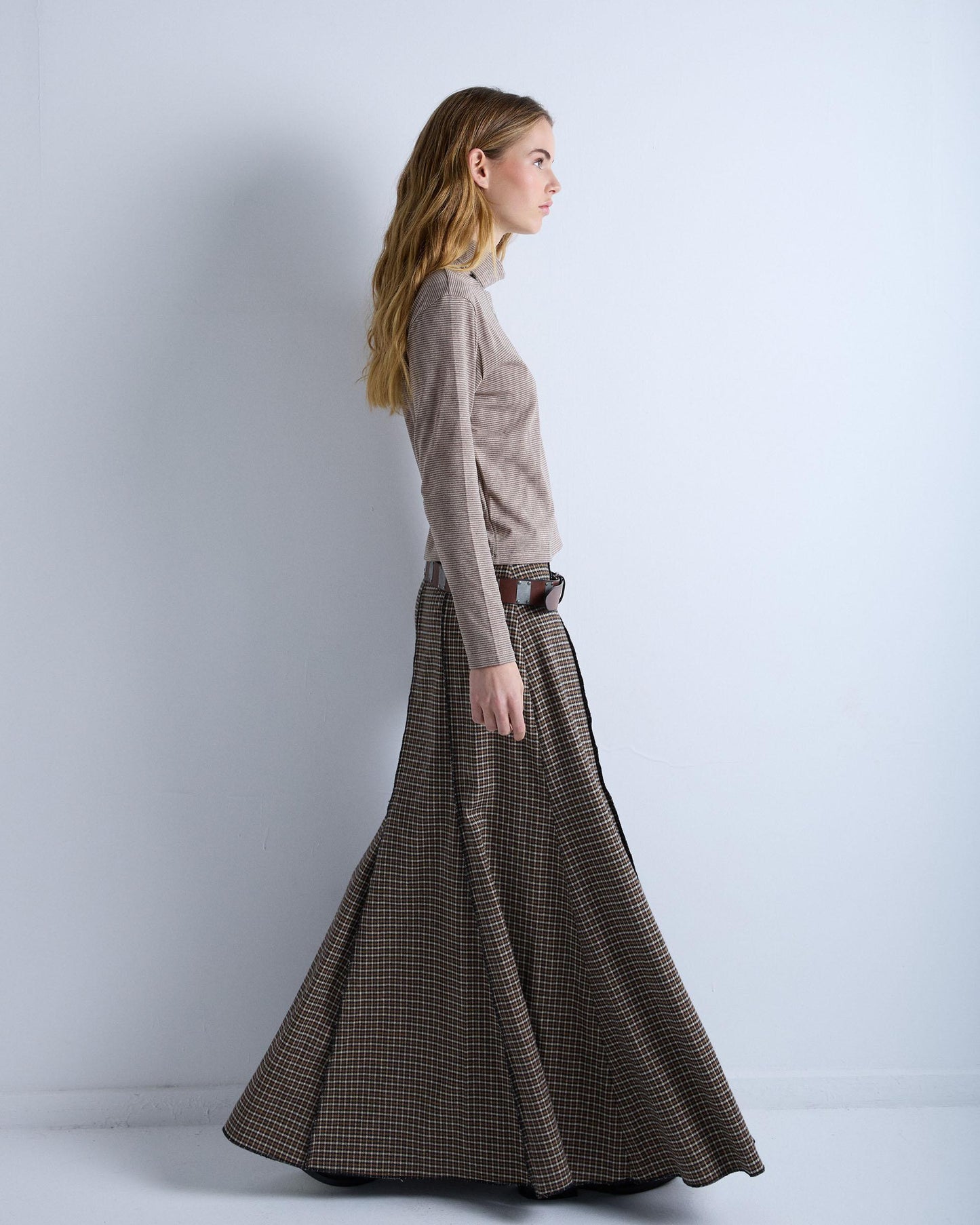 Long Skirt with Checkered Print in Brown