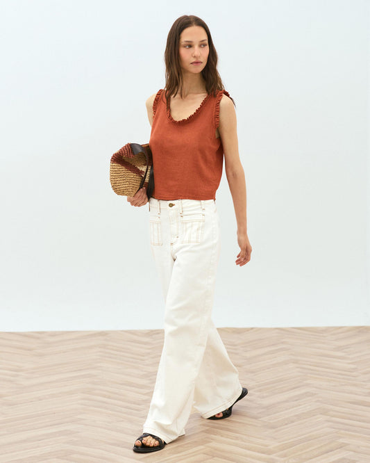 Orange Linen Wide Strap Ruffled Top