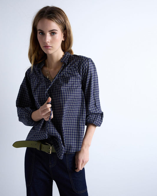 Blusa Canesú Cuadros Azul Oscuro