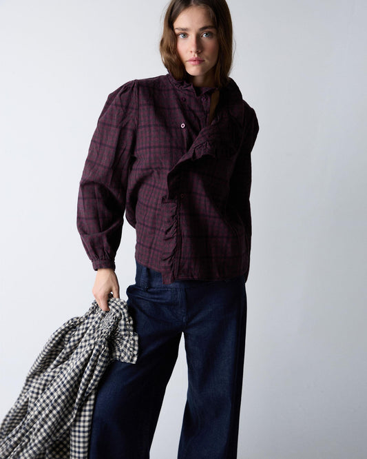 Blusa Volante Lateral Cuadros Morado