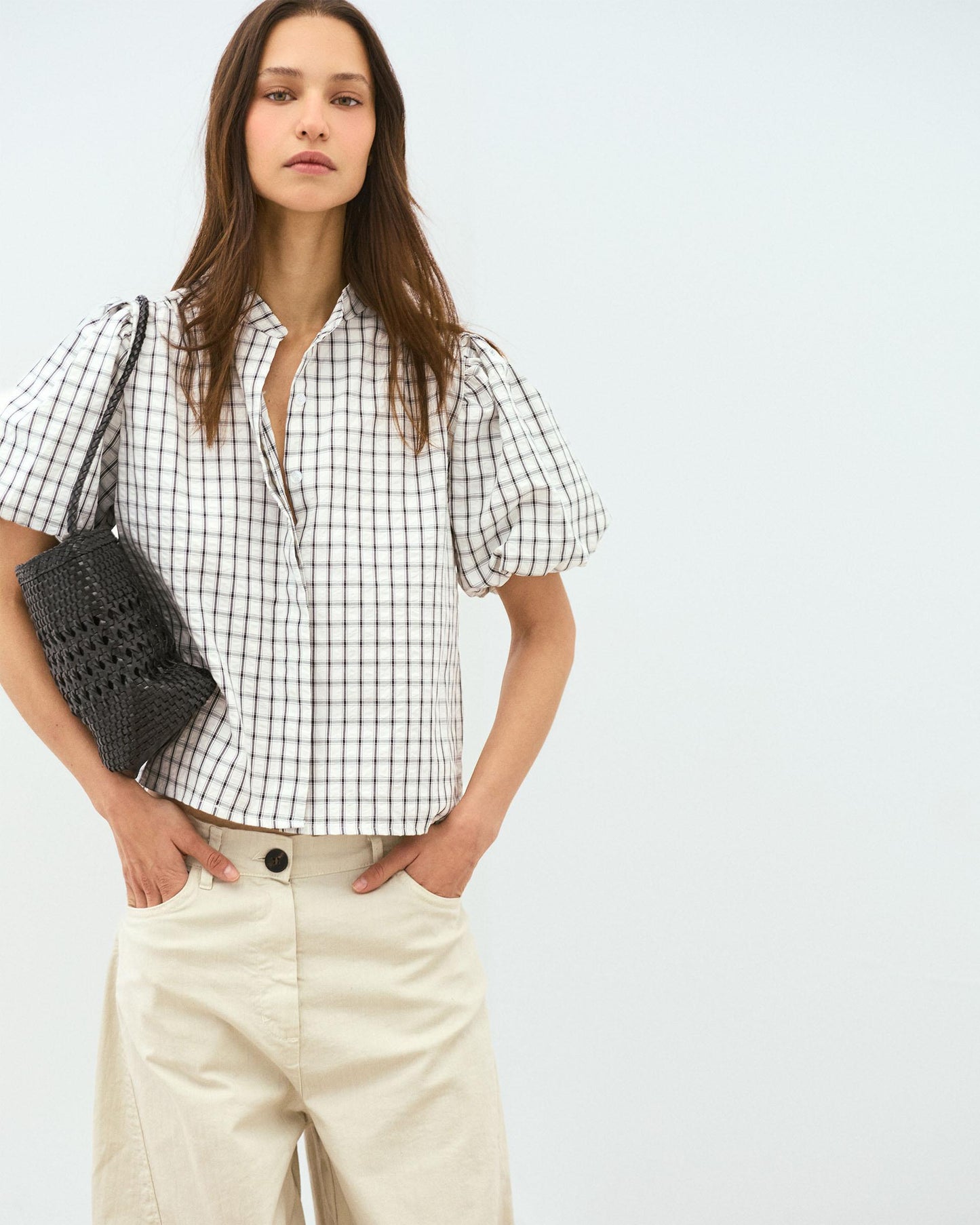 Puff Sleeve Gingham Blouse White