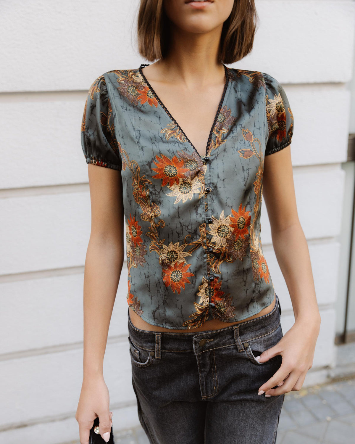 Top Manga Corta Botones Estampado Floral Verde