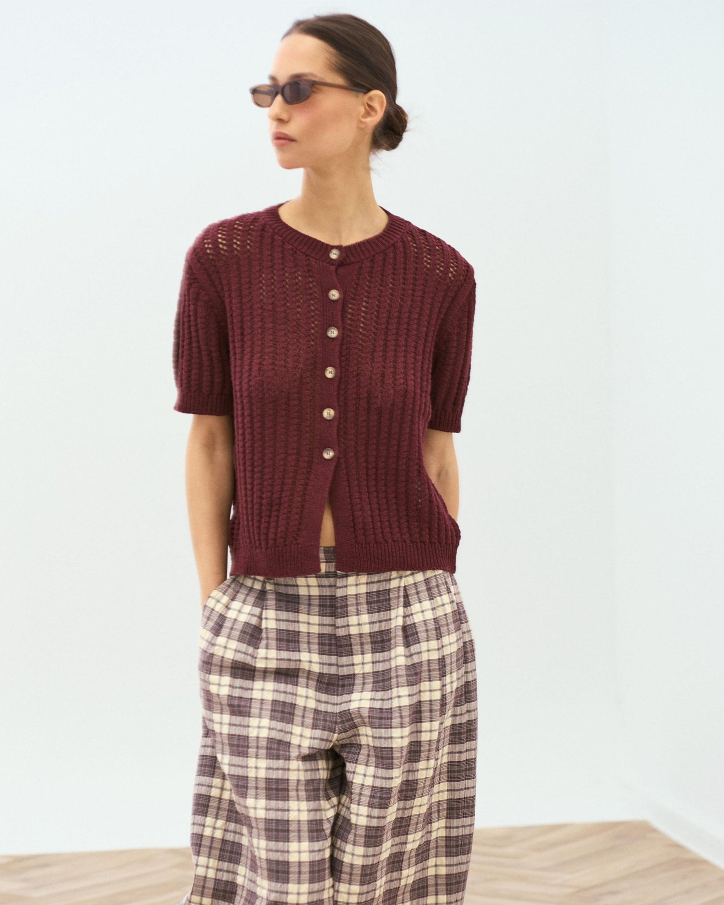 Burgundy Openwork Short Sleeve Top