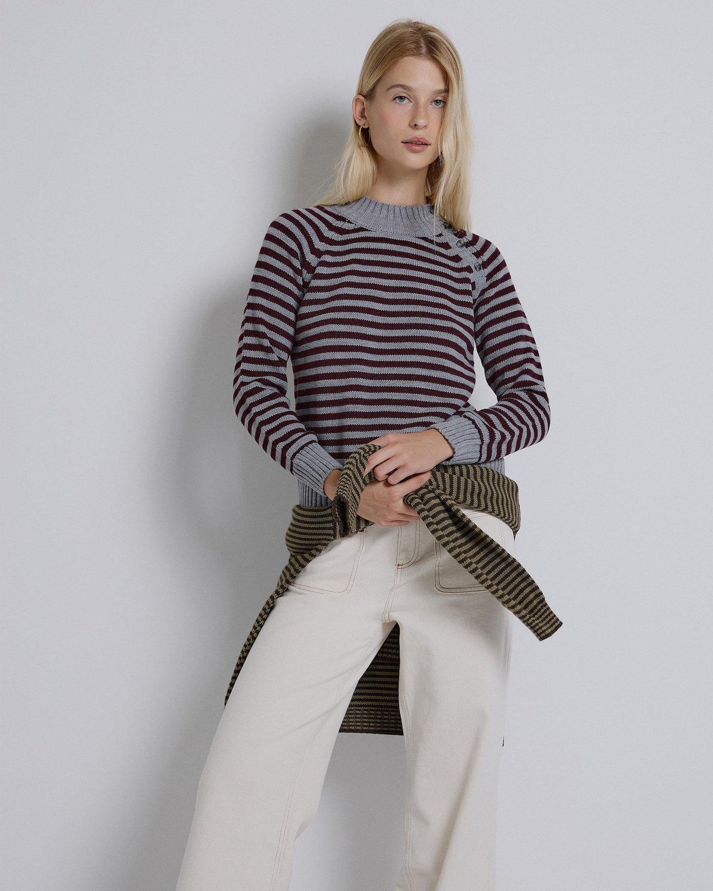 Jersey Manga Ranglán Botones Rayas Berenjena