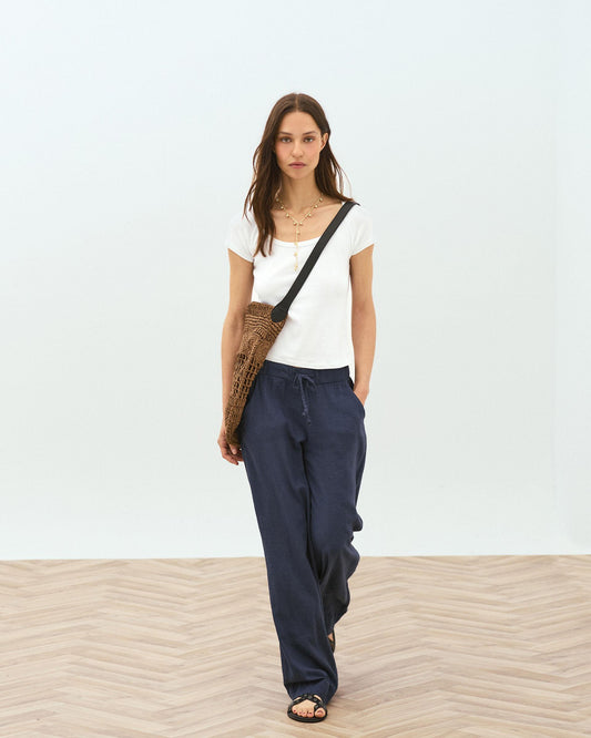 Pantalón Fluido Cordon Con Lino Azul Marino