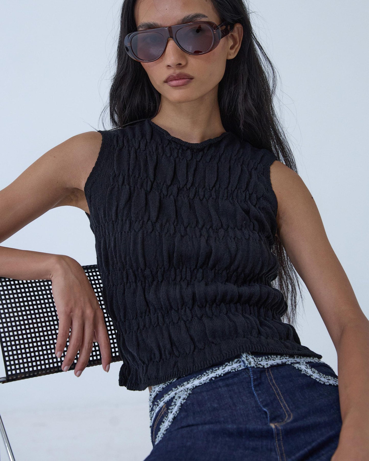 Top en Maille à Élastiques Noir