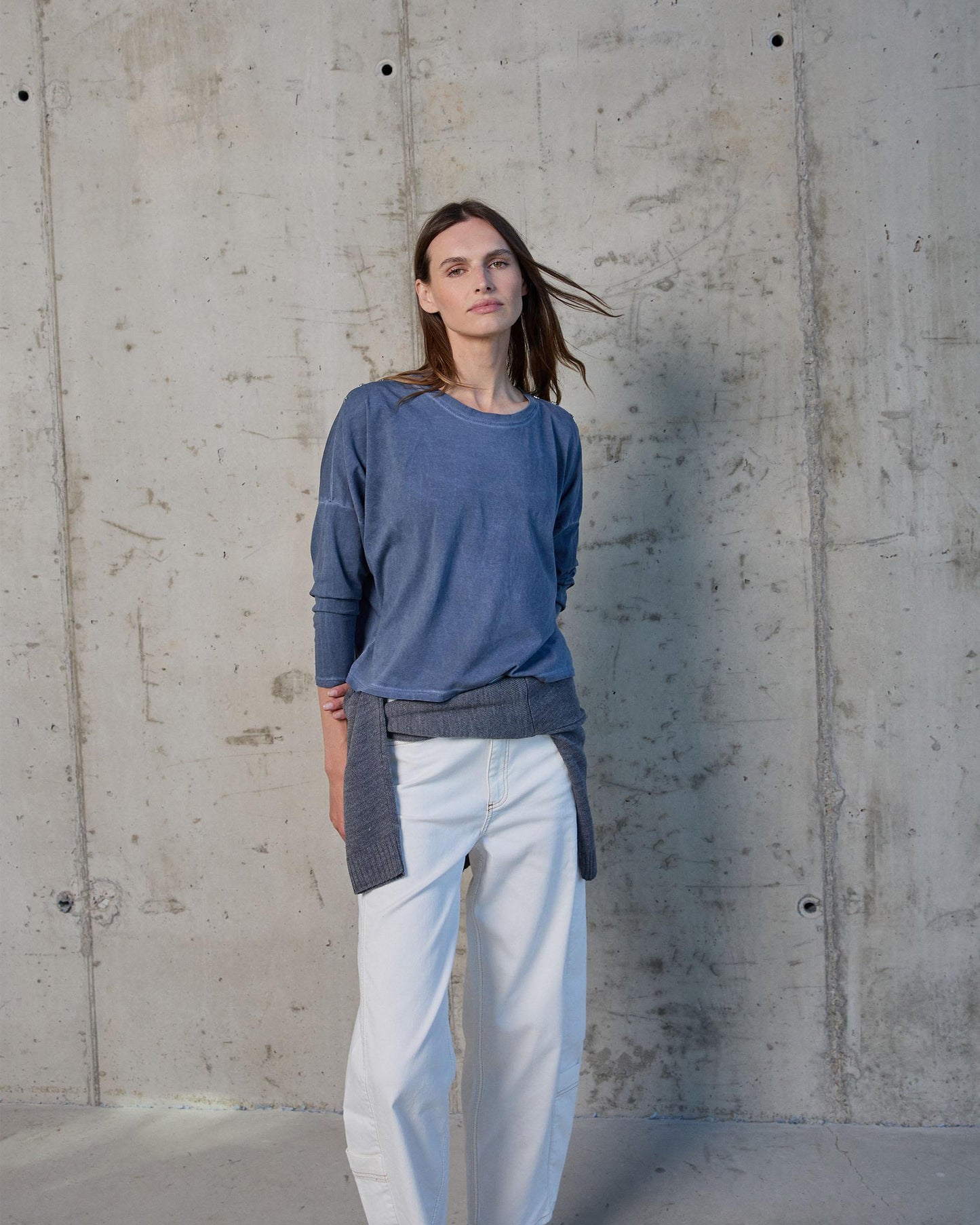 Dark Blue Star Studded Shoulder T-Shirt