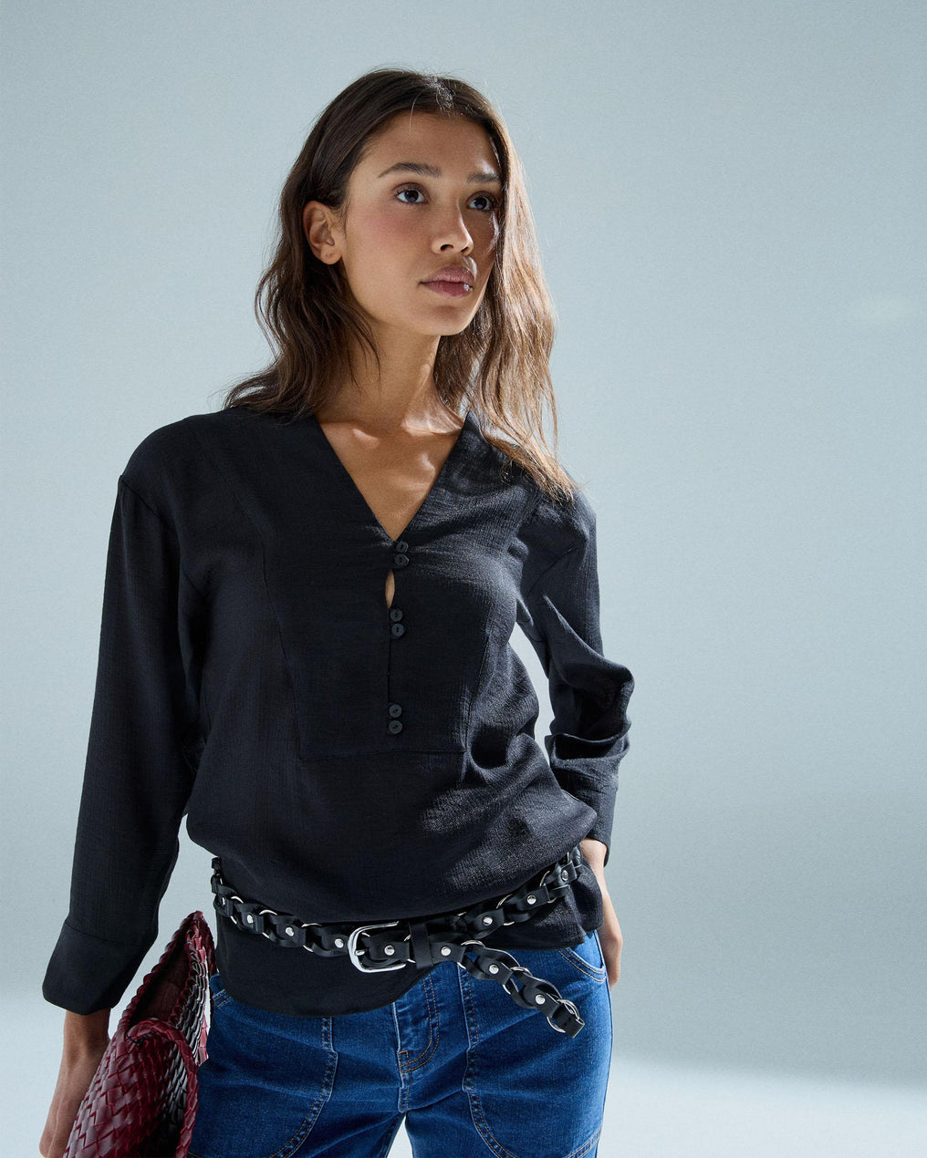 Blusa Canesú Triangular Botones Negro