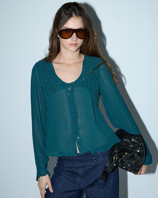 Sequin Blouse, Petrol Yoke