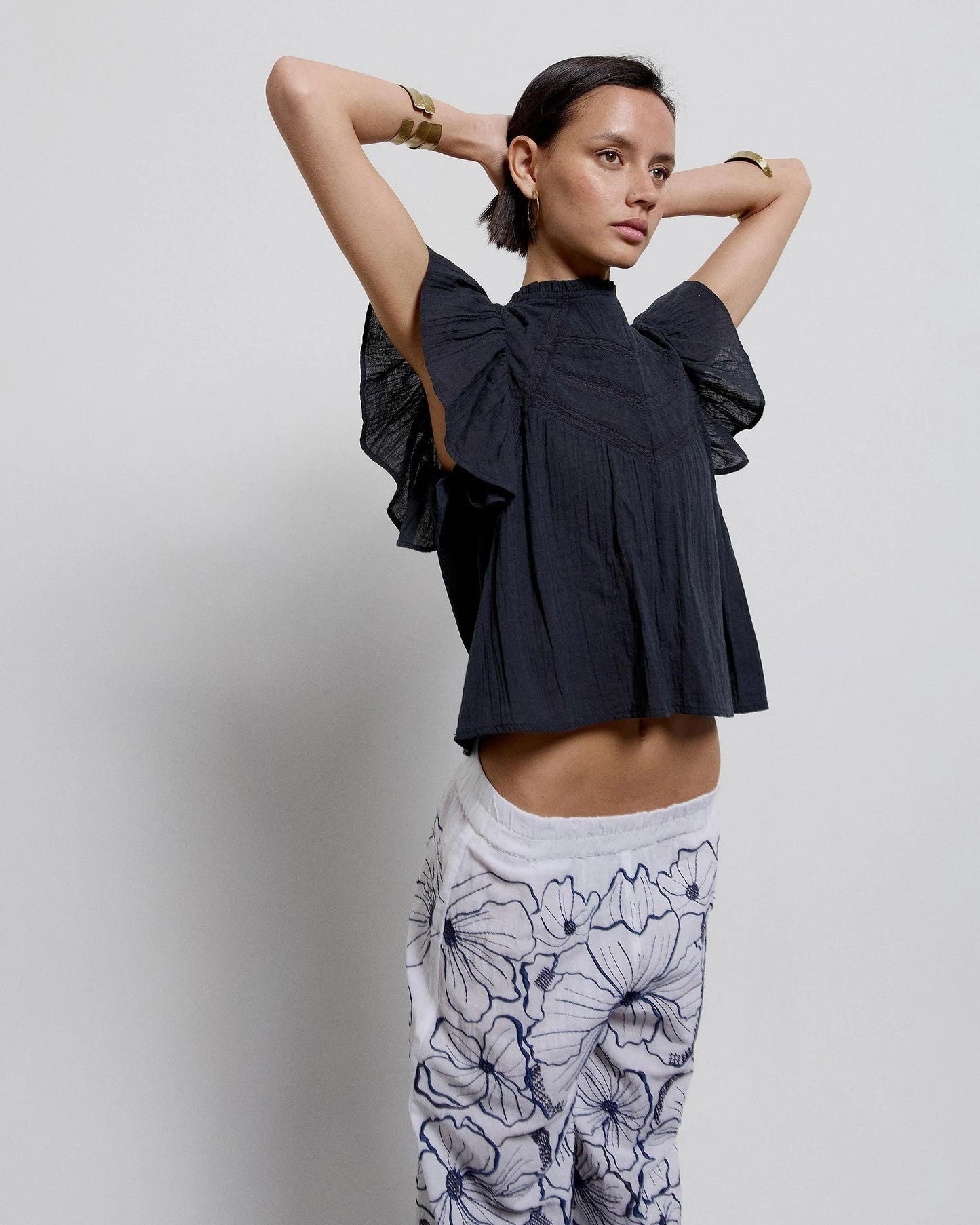 Blouse Short Sleeve Ruffles Lace Anthracite