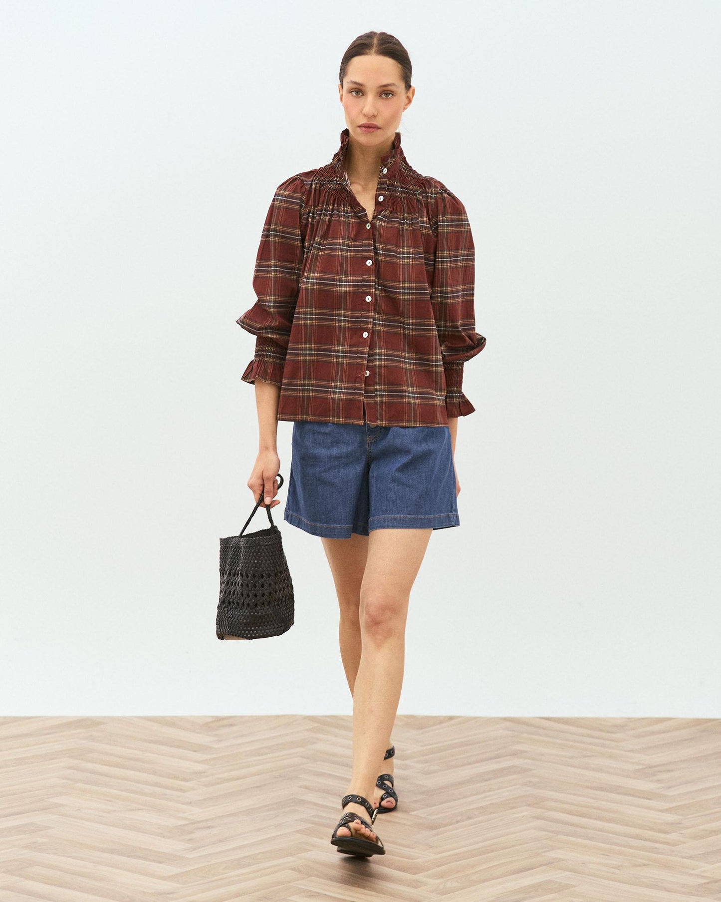 Honeycomb Blouse with Burgundy Checkered Collar