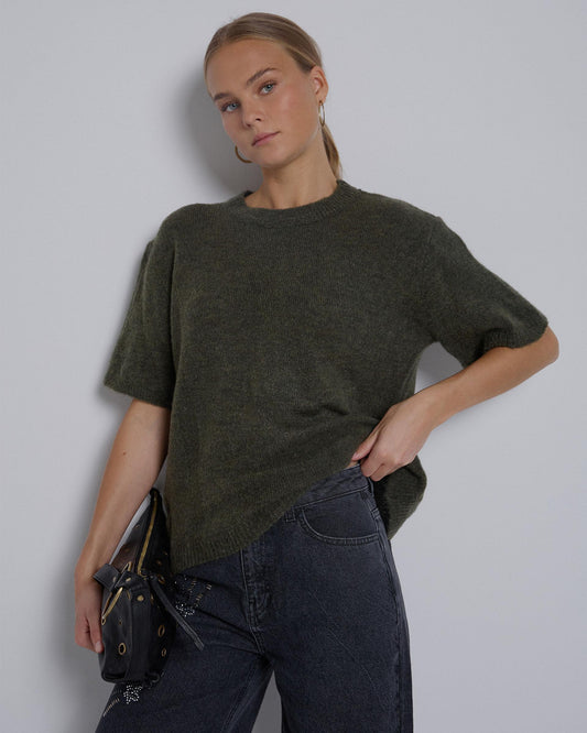 Camisola de malha de manga curta verde escuro