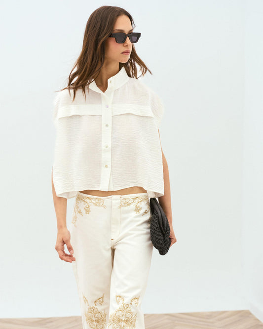 White Sleeveless Blouse with Shoulder Pads