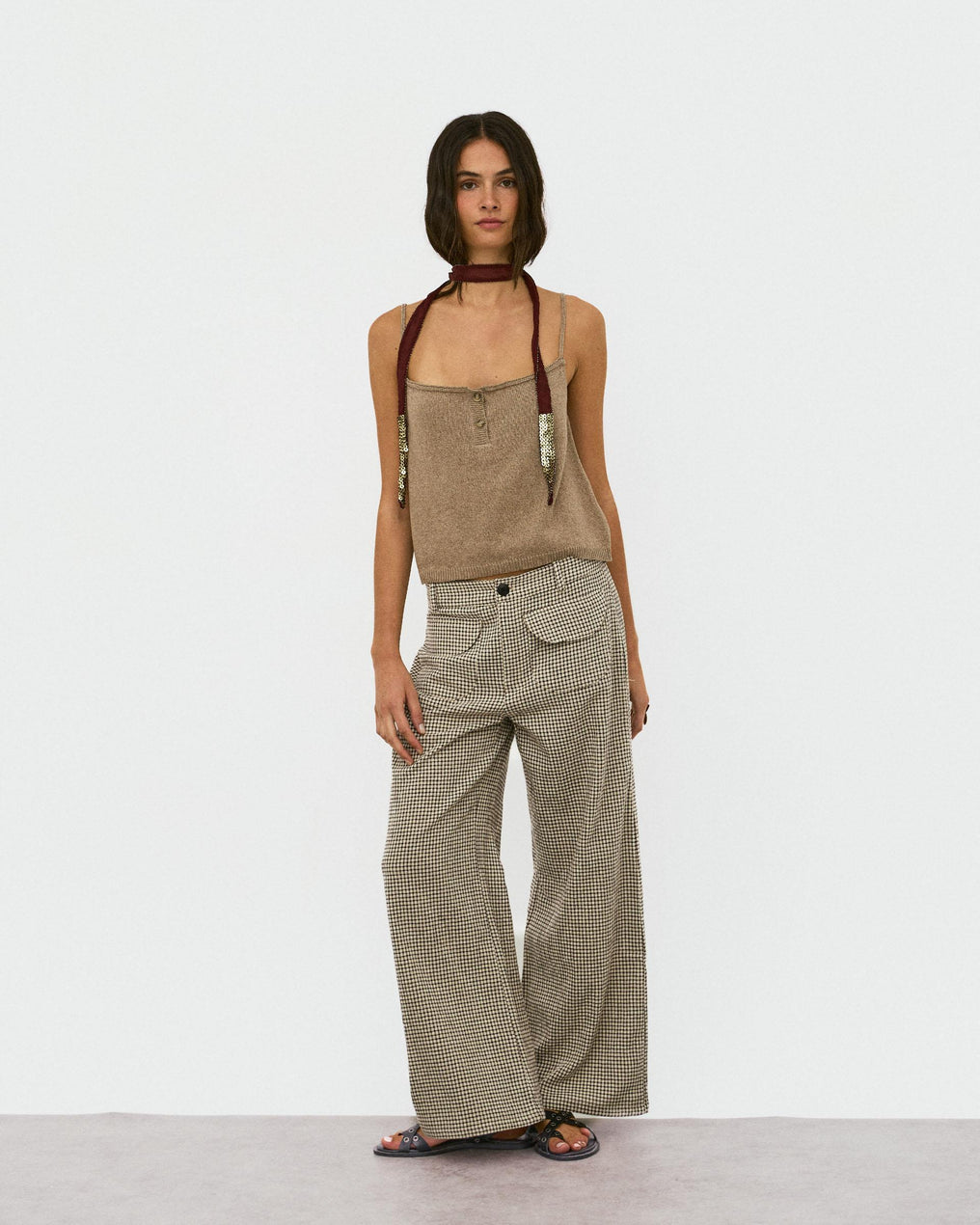 Pantalón Cuadros Bolsillos Seersucker Beige