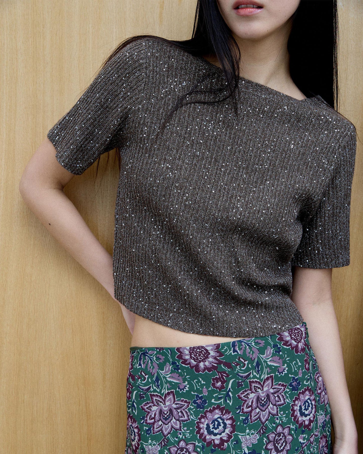 Brown Sequin Short Sleeve Top
