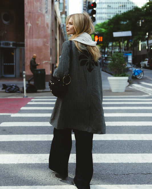 Abrigo Bordado Espalda Mezcla Lana Petróleo