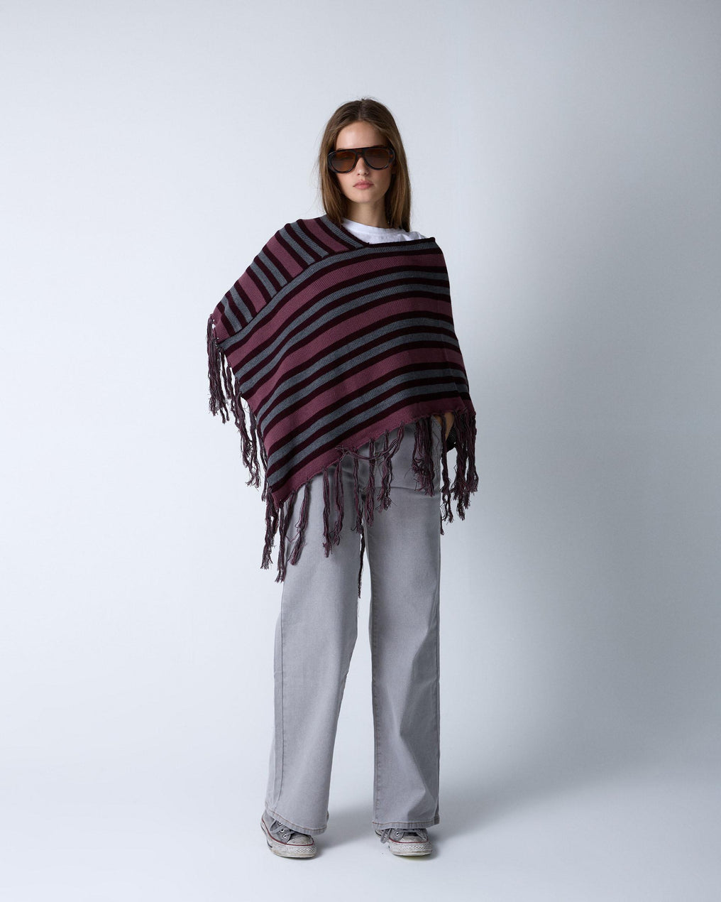 Poncho Rayas Flecos Morado