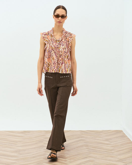 Jeans Patch Pockets Eyelets Brown