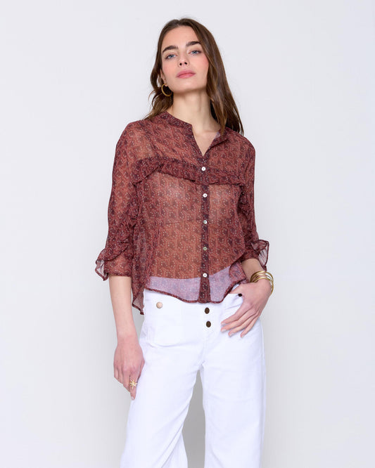 Blusa Estampada com Babados Borgonha