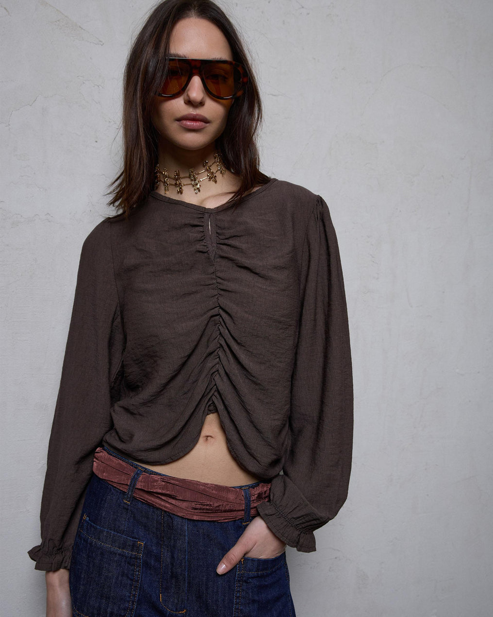 Blusa Fruncido Delantero Marrón