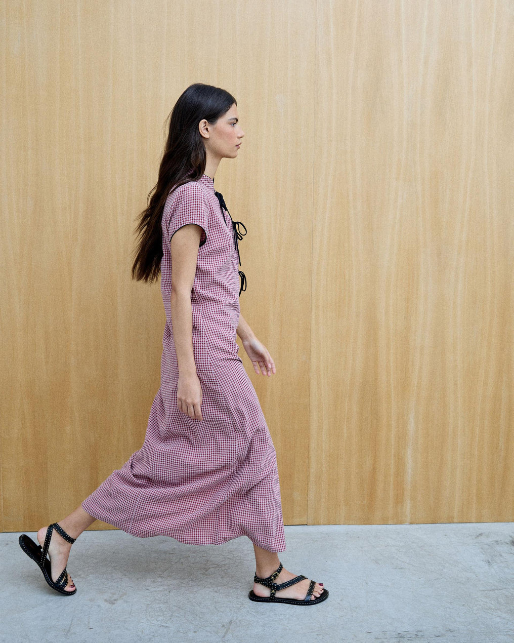 Robe Lacets Contrastant Carreaux Rose