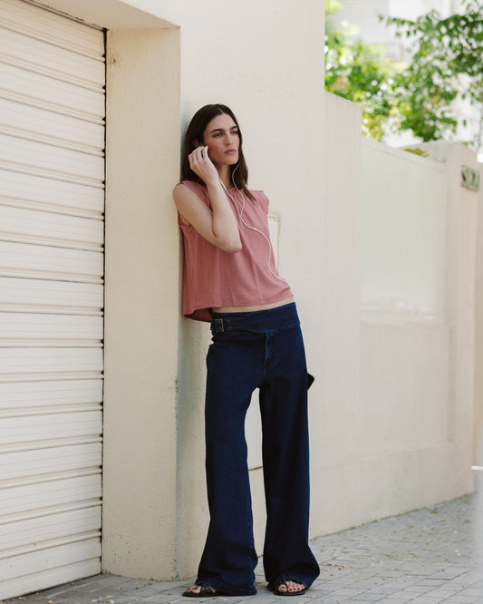 Jeans Cinto Fivela Lateral Azul-Escuro