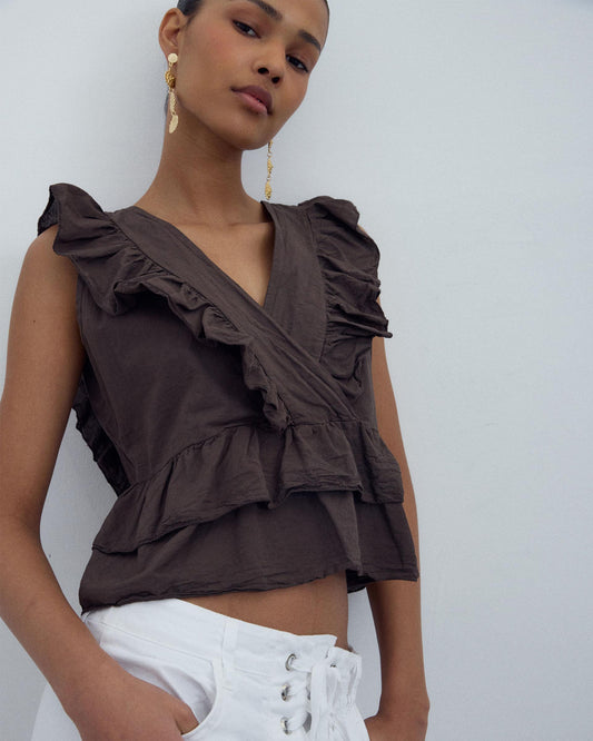 Crossed Ruffle Blouse Brown