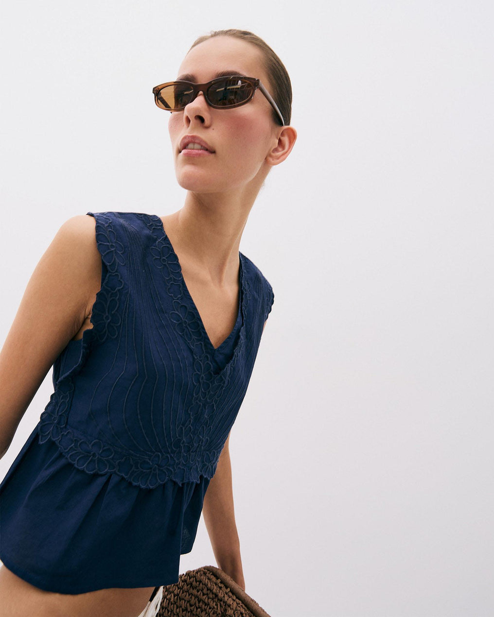 Top Embroidered Flowers Navy Blue