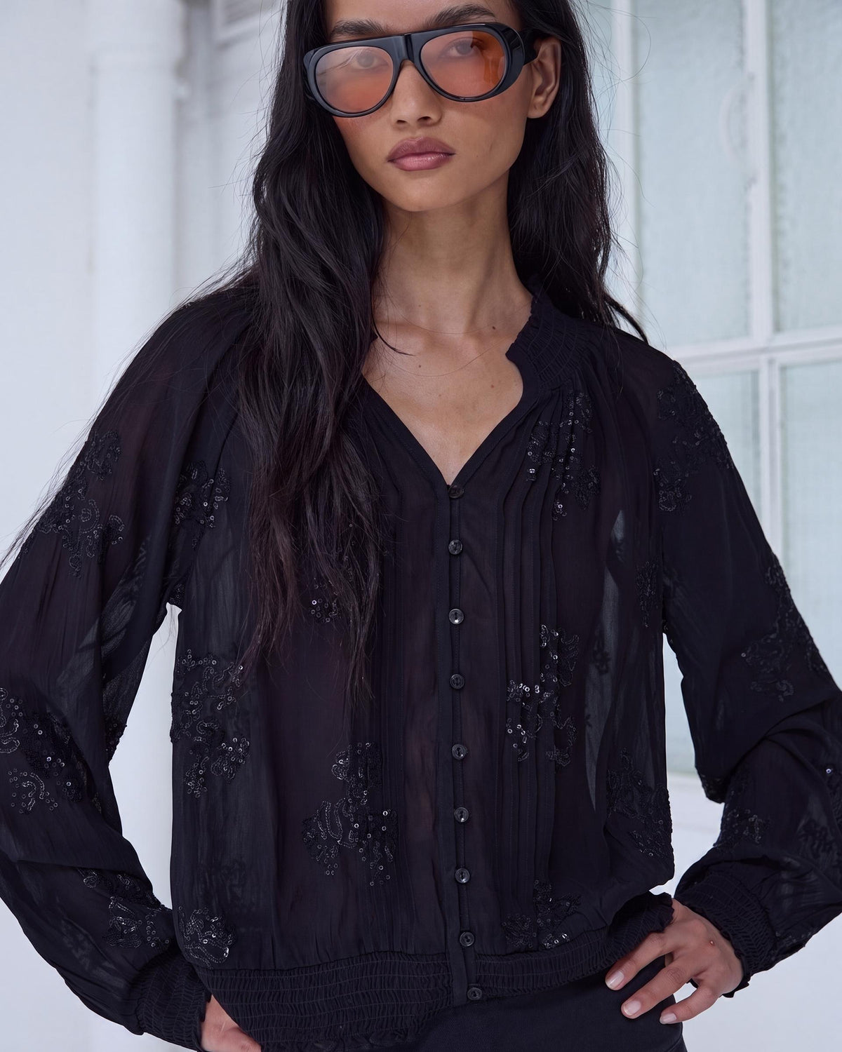 Black Sequin Blouse with Elasticated Hem