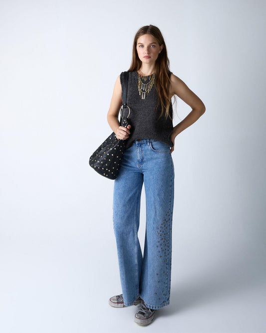 Dark Blue Side Star Studded Jeans