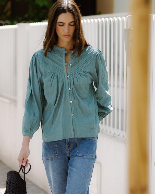 Blusa Tejido Rayas Puntillas Verde Agua