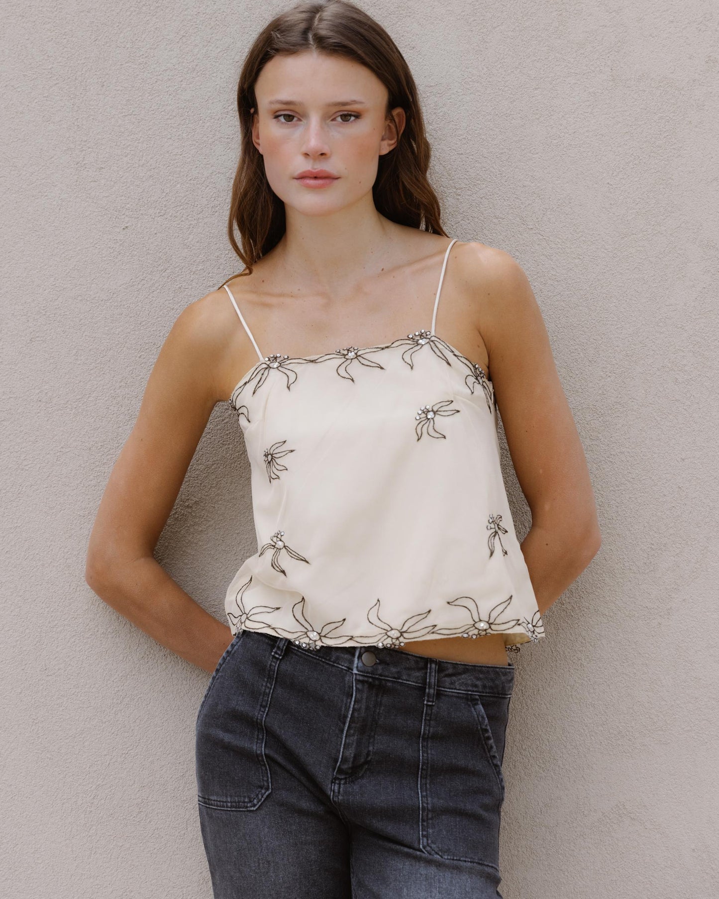 Top Bretelles Tulle Broderies Sequins Écru