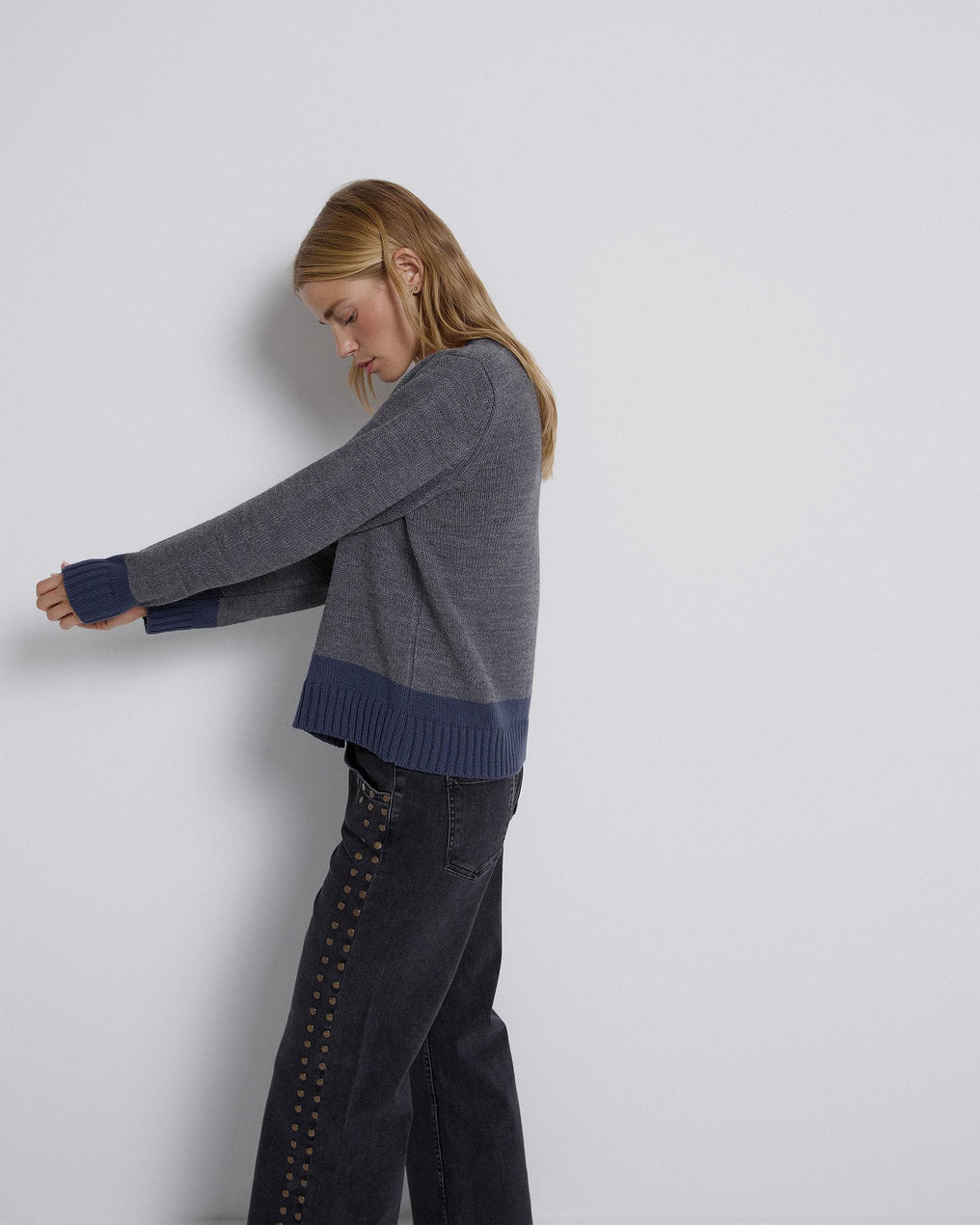 Chaqueta Punto Cuello Pico Bicolor Azul