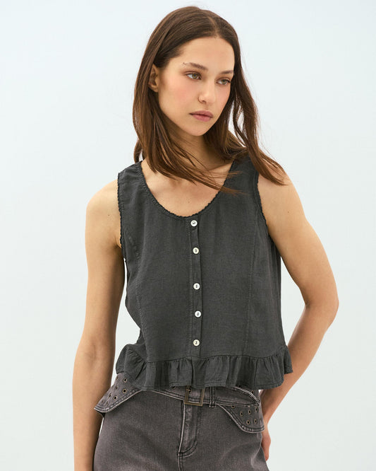 Anthracite Linen-Blend Button-Up Top