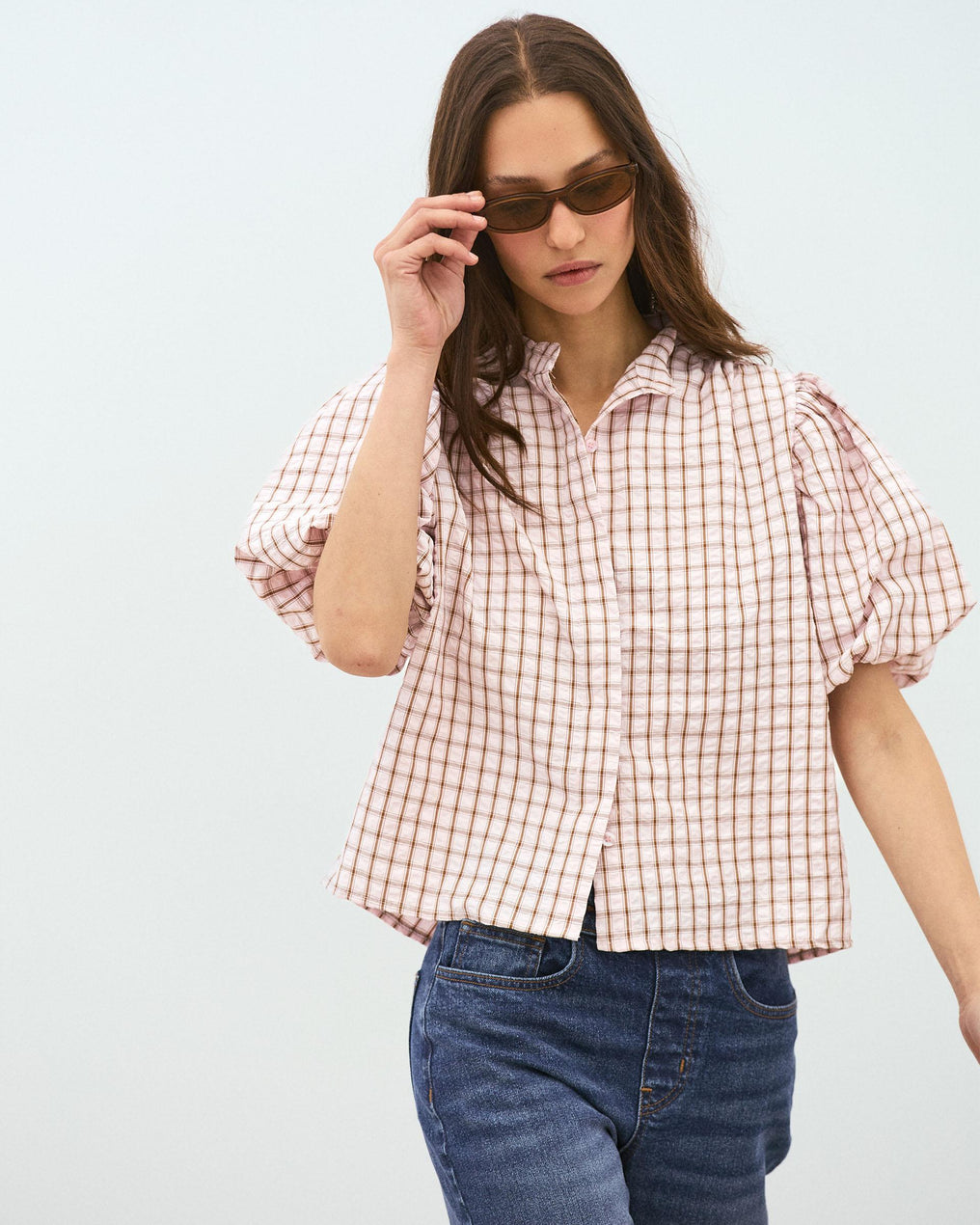 Puff Sleeve Gingham Blouse Pink