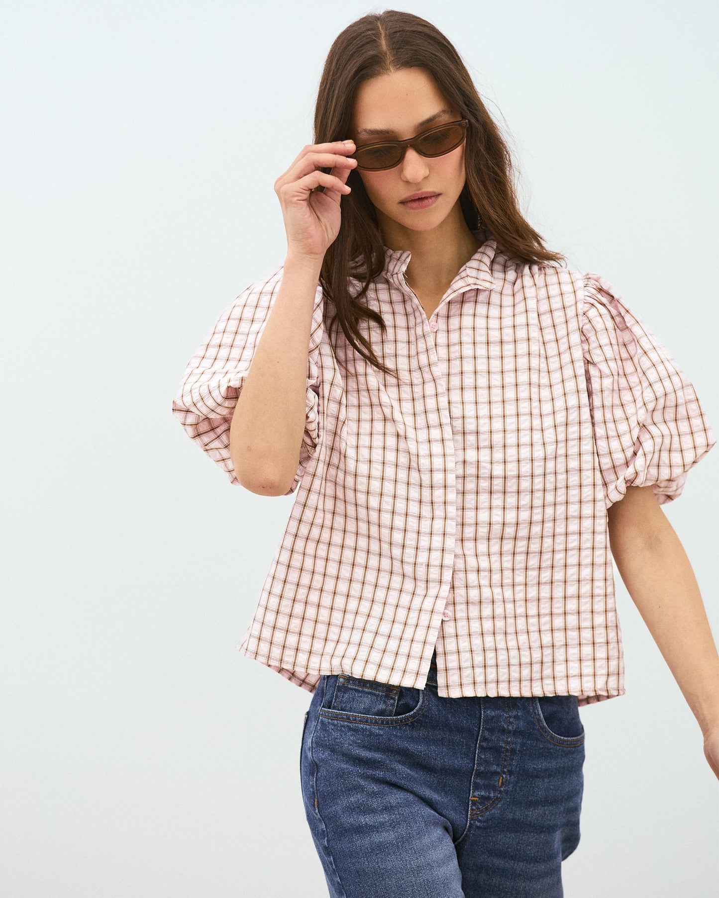 Puff Sleeve Gingham Blouse Pink